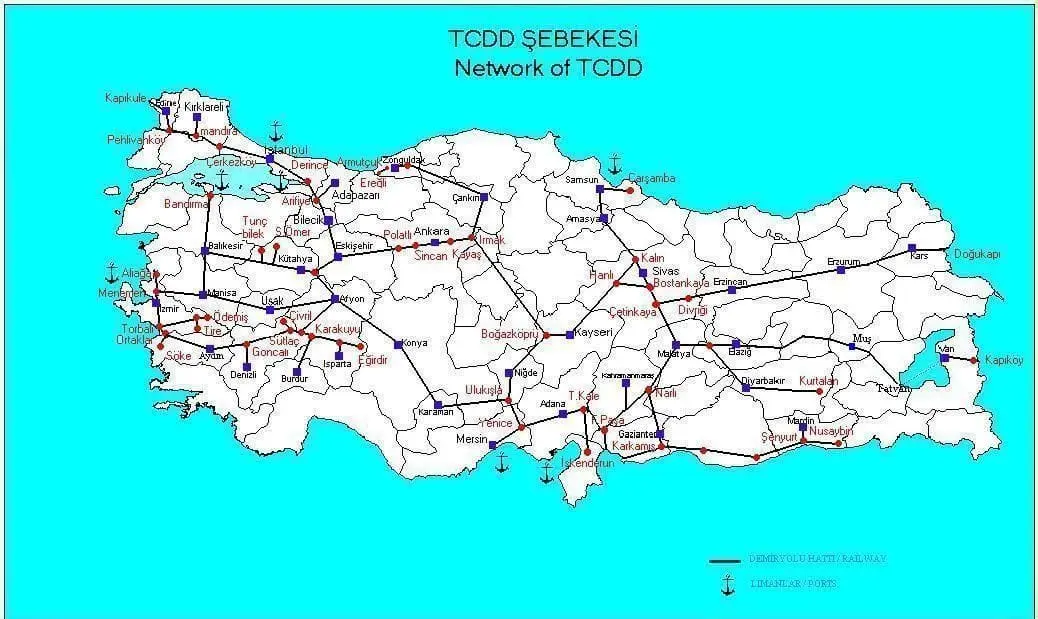 Trenin dolaştığı TCDD hat haritası